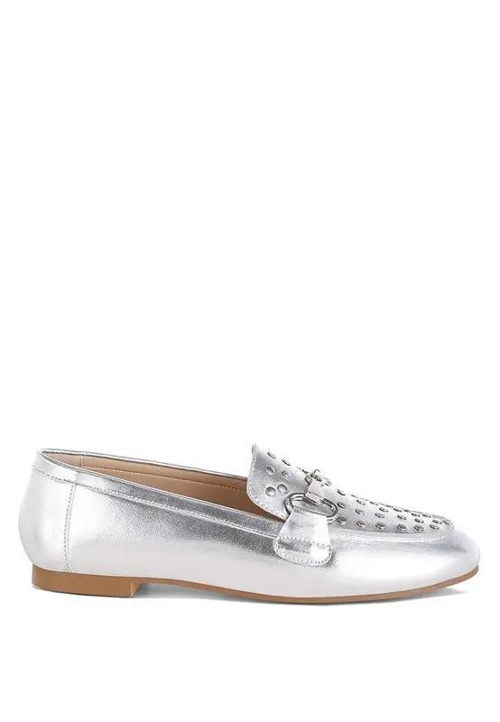 Estafa Horsebit & Studs Metallic Pleather Loafers for Women - Love Salve
